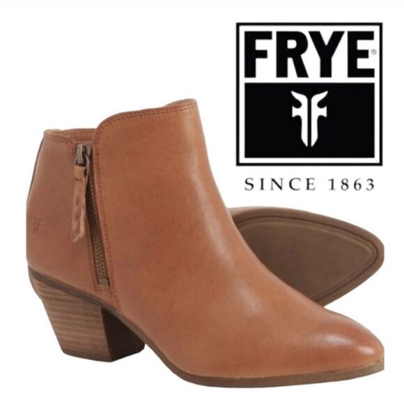 Frye JUDITH Brown Leather Double Zip Heeled Ankle Boots in Wheat - Picture 1 of 16